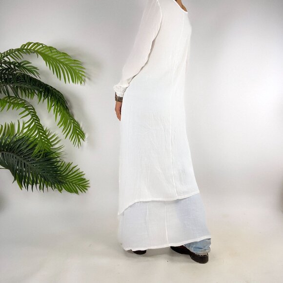 Hanyi Fushi White Beachy Boho Coastal Chic Long Sleeve Asymmetrical Dress / M - Picture 3 of 7